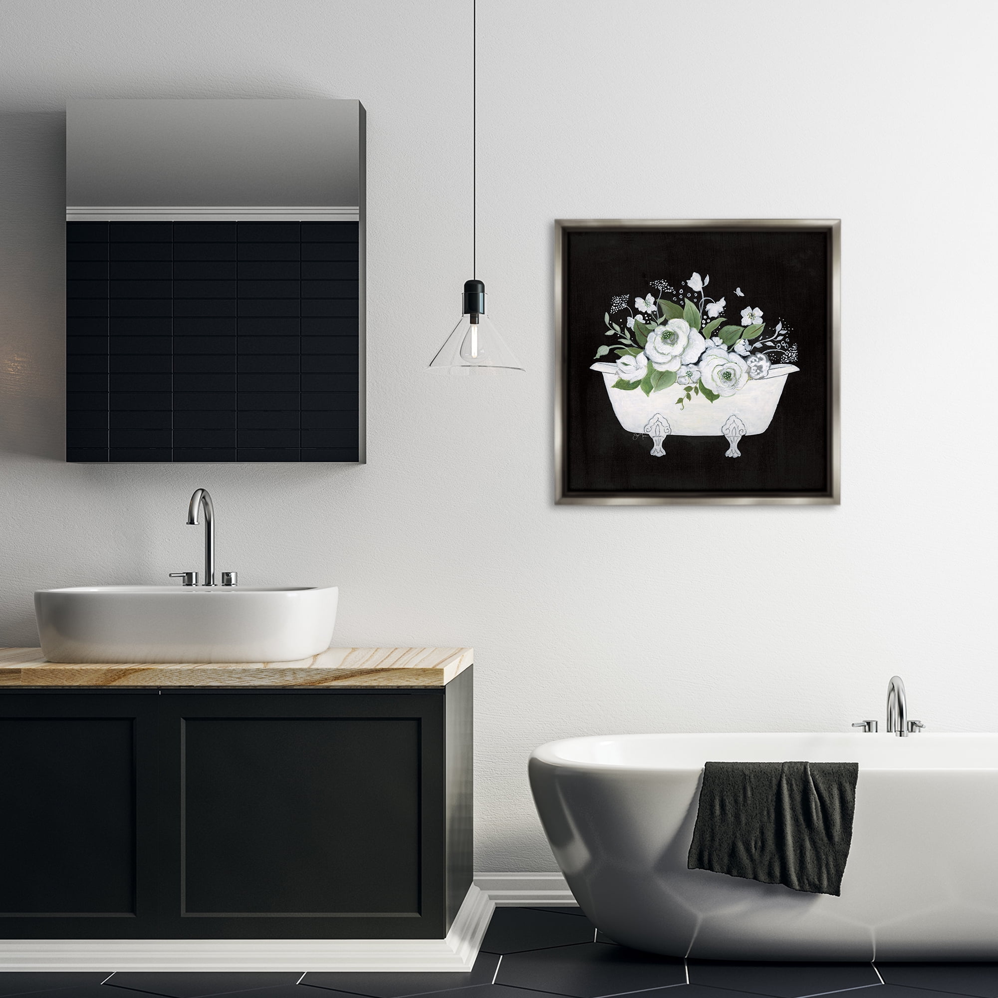 Stupell Industries White & Black Bath Typography Painting Gray Floater Framed Canvas Art Print Wall Art, 25 x 25