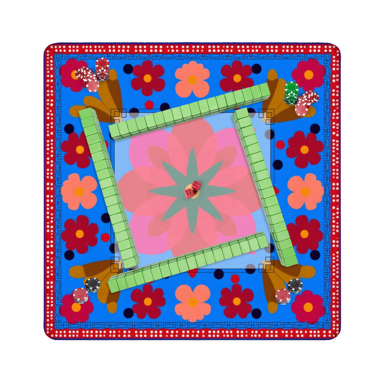 Mahjong Mat 31.5" x 31.5" Colorful Floral Folk Art Bold Geometric Shapes Non-Slip Noise Reduction American Mahjong Tiles Table Cover for Dominoes Poker Card Board Games Gift