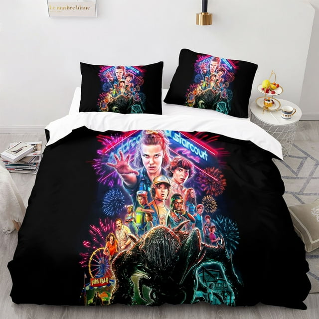 Juego de cama de tres piezas de Stranger Things, ropa de cama suave y cómoda para niños y adultos, regalo de Navidad, dos fundas de almohada y una funda de edredón