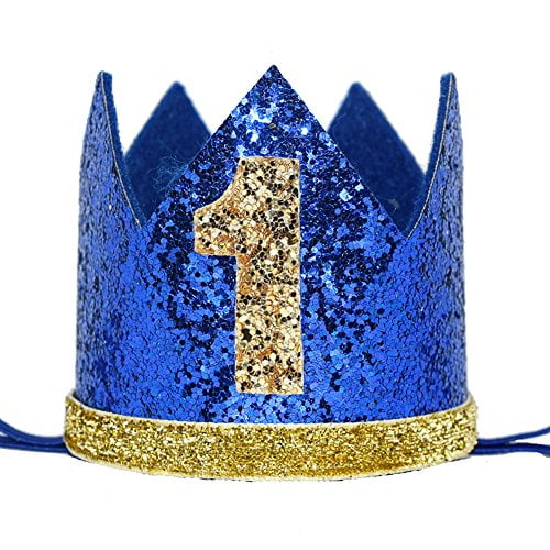 Blue & Gold 1 Celebris Glitter Baby Boy First Birthday Crown Hat & Headband for Little Prince Princess Cake Smash Photo Prop