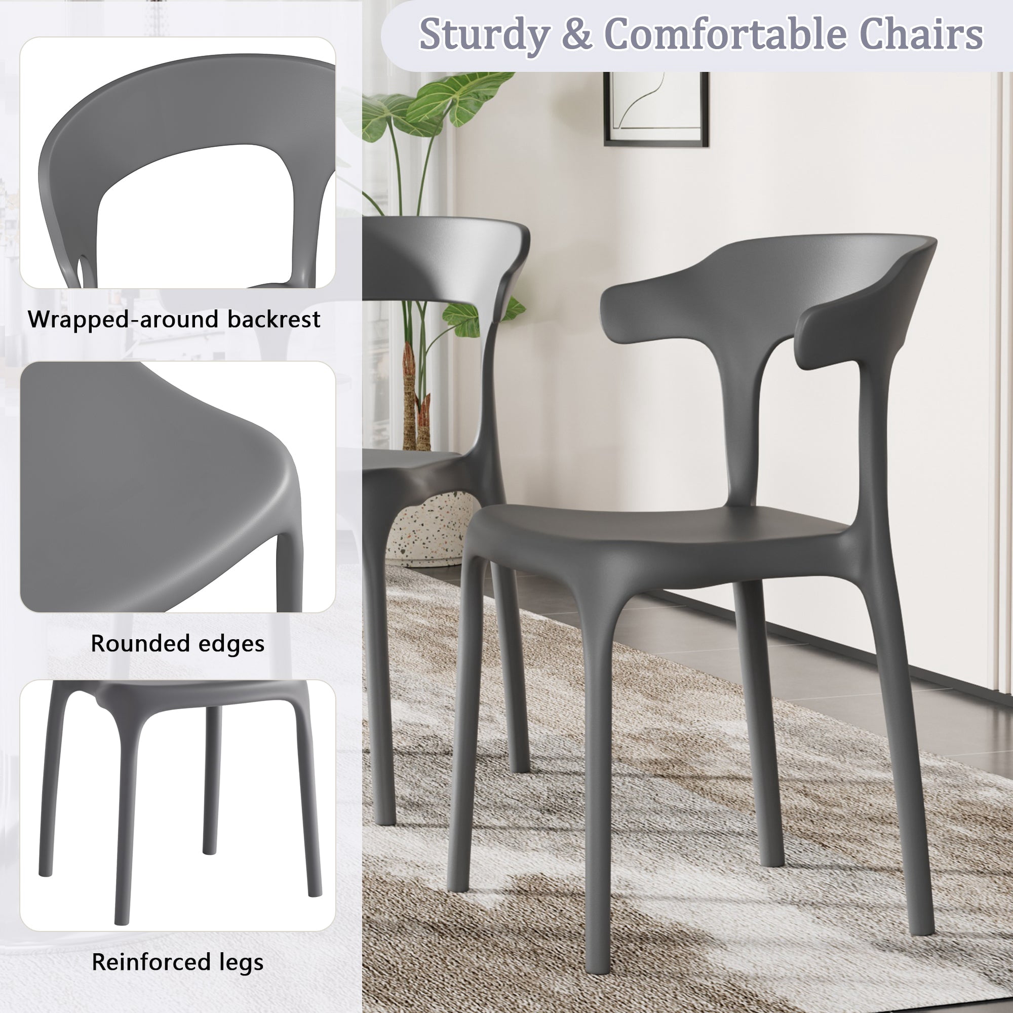 VECELO Stackable Patio Dining Chair Set of 4, Outdoor/Indoor Dining Chairs for Restaurant, Poolside and Garden, No Assembly, Grey