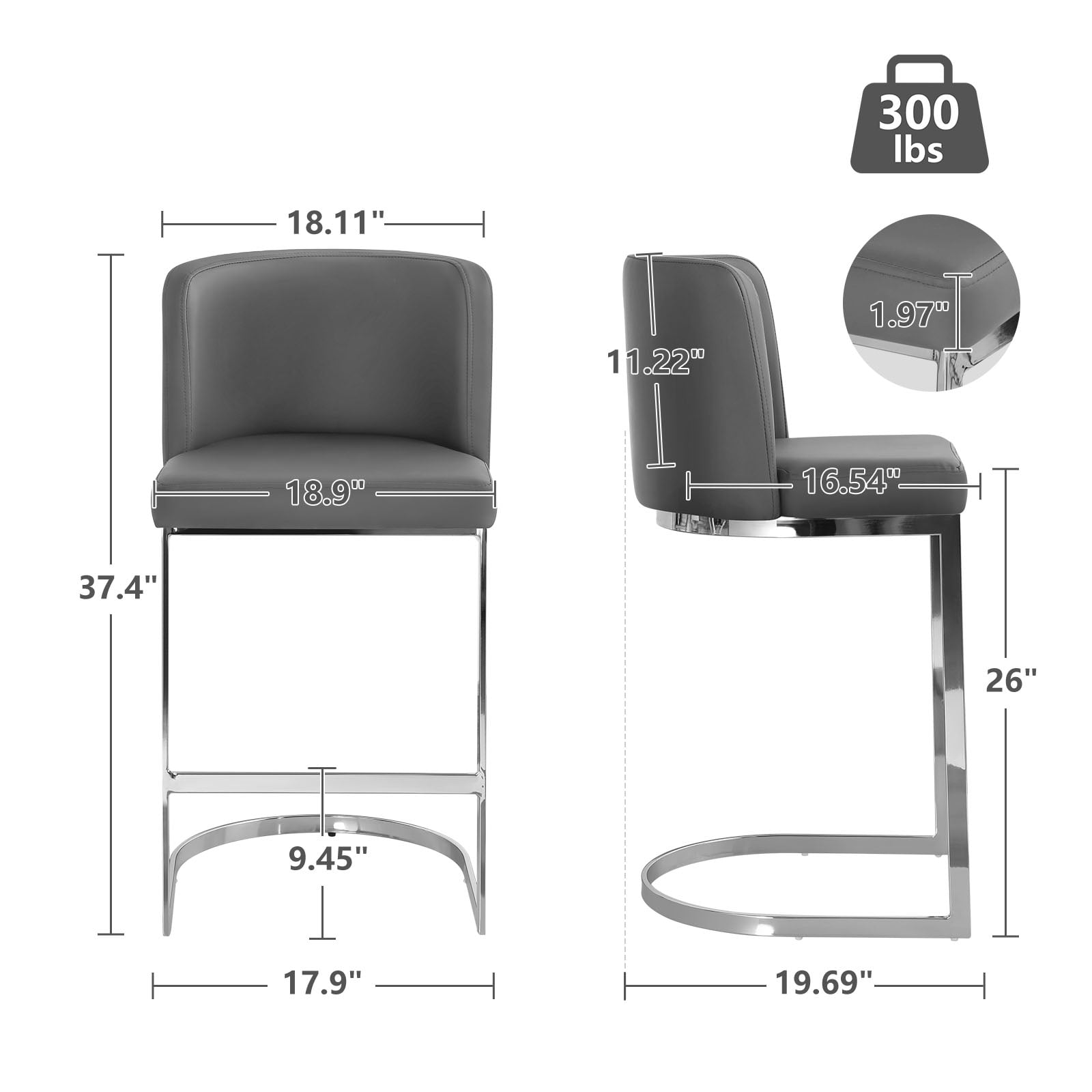 Foreate 26" Counter Height Bar Stools Set of 4 Modern Counter Stools with Back and C-Shaped Metal Frame, Upholstered Faux Leather Bar Chairs Island Stools for Kitchen Counter, Home Bar, Pub, Grey