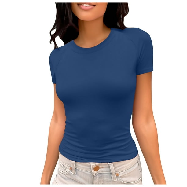 Camiseta de manga corta ajustada y moderna para mujer: corte ajustado y sexy, versátil con vaqueros/pantalones cortos, tejido suave para el verano, talla real, lavado en frío.