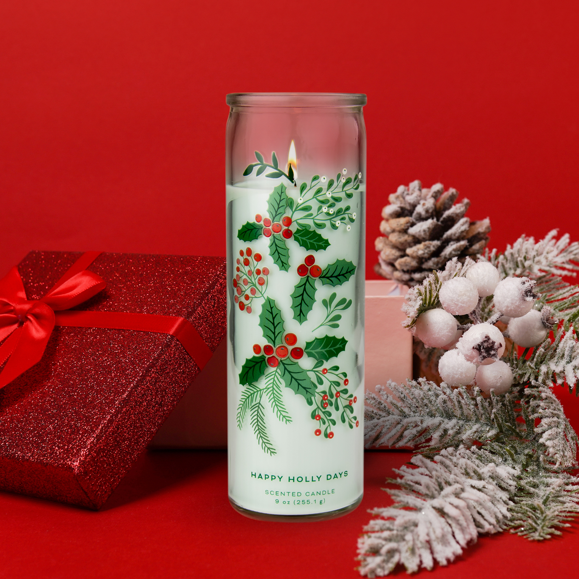 Mainstays Happy Holly Days Scented Candle, Holiday Pillar Candle, 9 oz