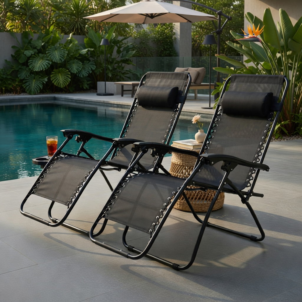 Hommoo 2-Pack Zero Gravity Folding Recliner Lounge Chairs with Adjustable Headrest, Removable Tray & Breathable Waterproof Fabric, Black