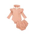 thumbnail image 3 of Honganda Girl's Solid 3Pcs Suit, Romper with Ruffled Short Pants Hairband, 3 of 7