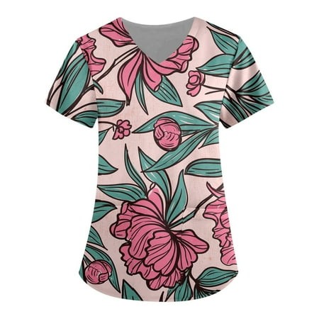 

Womens Work Tops Professional Trendy Easter Print Short Sleeve V-Neck Shirt Scrubs Tees with Pocket Blouses