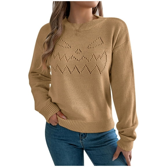 New Arrivals! Kilaqueen Hallowmas Sweaters for Women Trendy Hollow Out Pumpkin Long Sleeve Knit Sweater Fall Winter Baggy Mock Neck Soft Comfy Bomber Pullover Tops