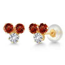 Gem Stone King 14K Yellow Gold Red Garnet and White Created Sapphire Three Stone Stud Earrings for Women (0.86 Cttw, Gemstone January Birthstone, Round 3MM)