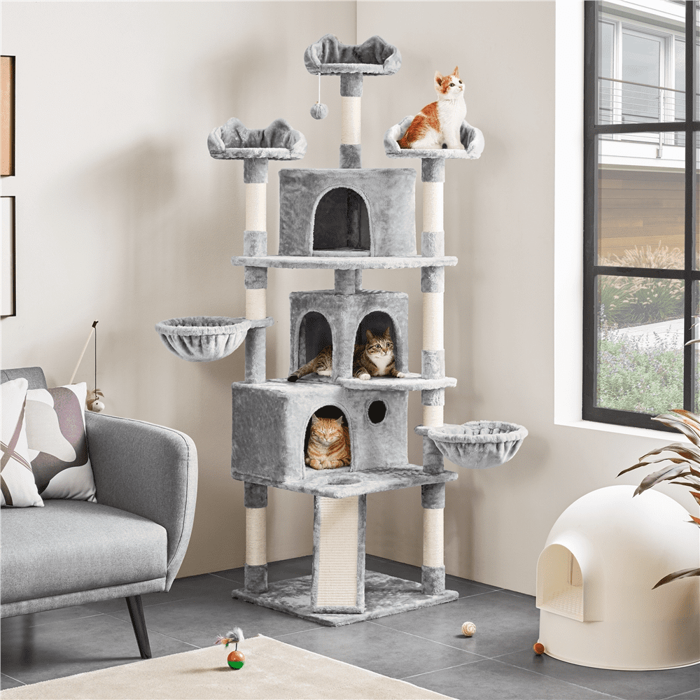 Alden Design 76.5"H Large Cat Tree Tower with 3 Condos Cozy Perches Dangling Ball, Light Gray