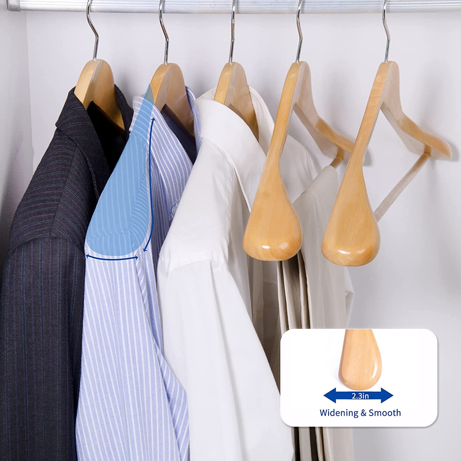 Luxury Natural Wooden Suit Hangers - 6 Pack with Glossy Finish, Extra-Wide Shoulders, 360-Degree Swivel Hooks and Anti-Slip Bar with Screw