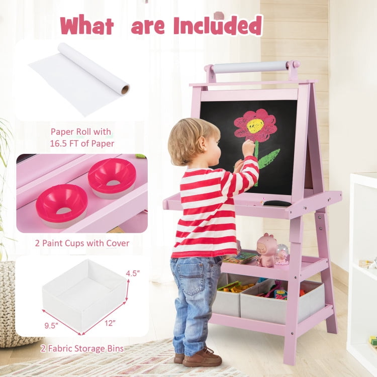 Barara King Kid's Art Easel with Drawing Board, Drawing Easel with Paper Roll, 3-in-1 Double-Sided Storage Art Easel for Study Room, Home Office, Living Room, Pink