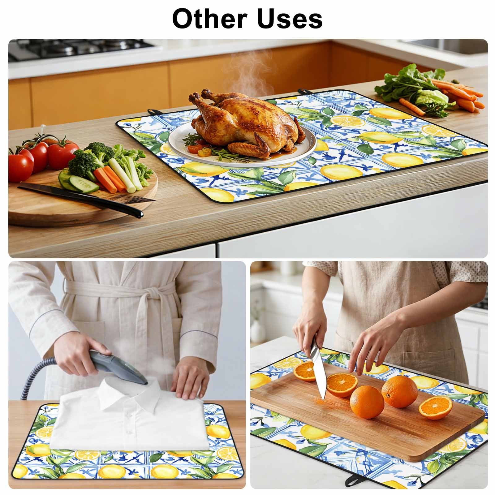 Yellow Lemon Stove Top Cover for Electric Stove, Heat-proof & Non Slip Glass Top Stove Cover Protector, Botanical Spring Leaves Abstract Blue Tile Kitchen Flat Cooktop Rubber Mat 24x21 Inches