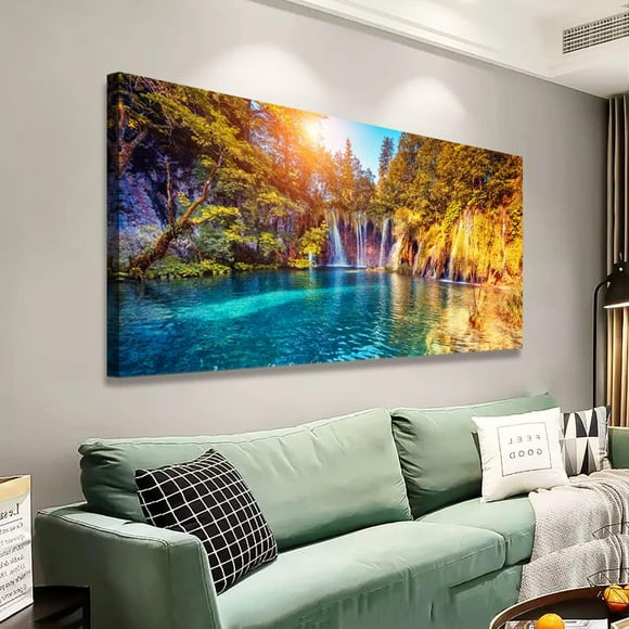 AIR-Lake Waterfall Natural Picture Wall Art Landscape Canvas Prints Painting Home Decor Tree Picture for Living Room Bedroom Kitchen Office Decoration 20x40 Wooden Frames Artwork Ready to Hanging