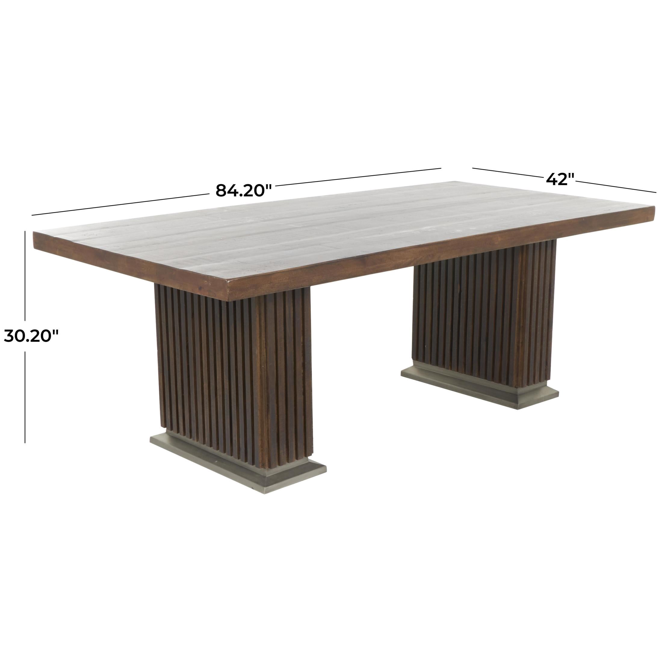 DecMode 84" x 30" Brown Mango Wood Mid Century Modern Dining Table with Ribbed Legs and Silver Bases, 1-Piece