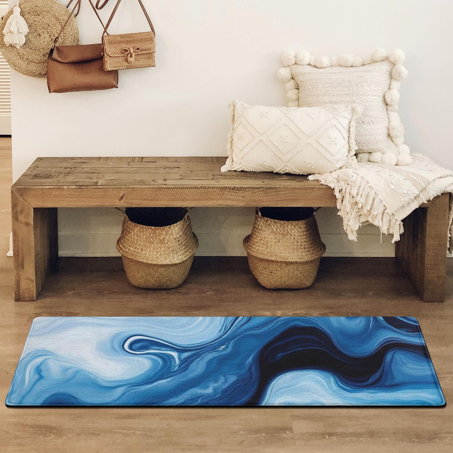 Light Blue Marble Flow Pattern Bathroom Rugs Mat,Non Slip Microfiber Bathroom Rug,Rubber Backing,Soft Bathroom Mats for Bathroom Floor,Tub and Shower,47x17in(120x43cm)