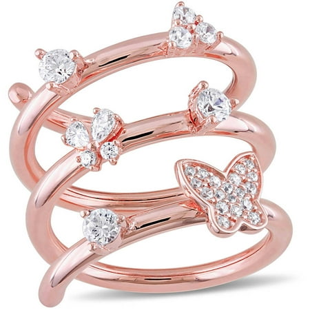 1/3 Carat T.G.W. CZ Pink Rhodium-Plated Sterling Silver Triple-Coil Butterfly Ring