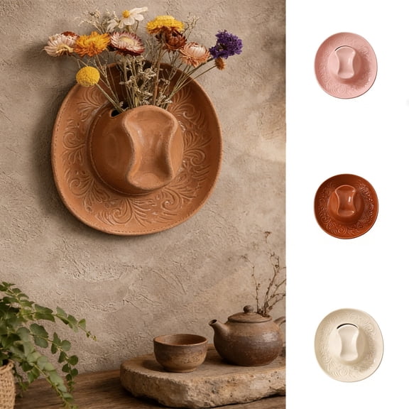 Ceramic Cowboy Hat Hanging Vase, Wall Mounted Mini Flower Bonsaier, Decorative Hanging Pot for Indoor Home, Bedroom, Living Room, Balcony & Small Bonsai Display, 4Th Of July Decorations, White