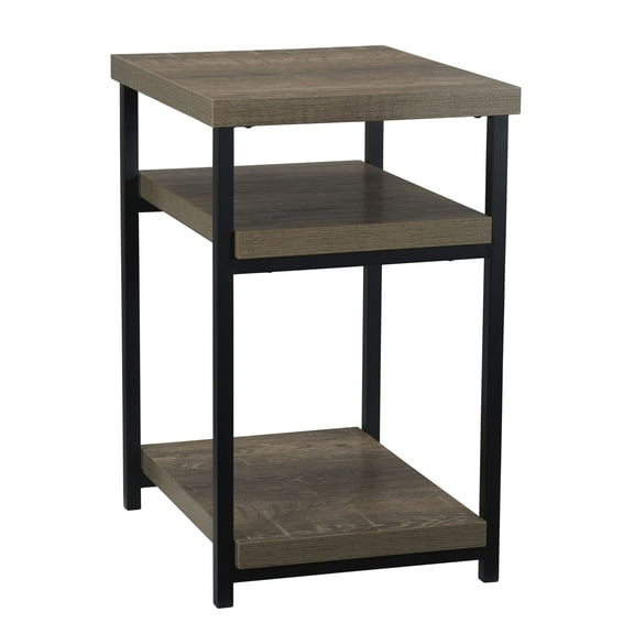 Household Essentials Jamestown Rectangular Side End Table with Storage Shelves Ashwood Rustic Wood Grain and Black Metal