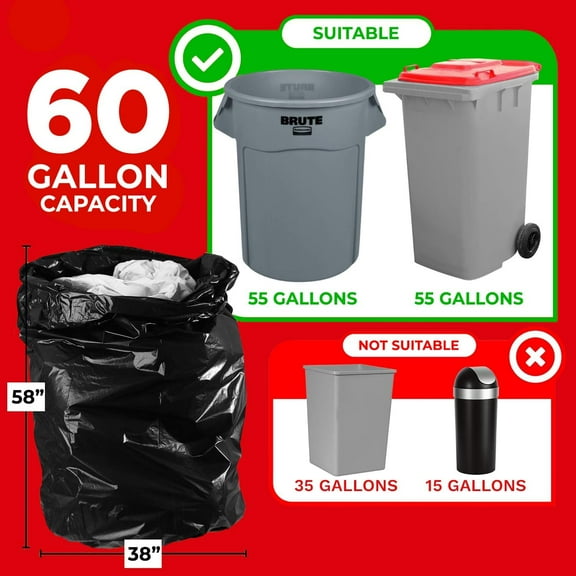55 Gallon Trash Bags, 2.5 Mil Contractor Bags - 50 Count, Large 55-60 Gallon Trash Can Liners, Black Contractor Garbage Bags, 38 x 58" - Made in USA
