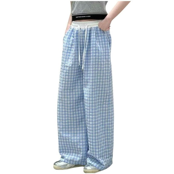 ZACPNCV Toddler Girls Wide Leg Pants Elastic Waist Gingham Pants Kids Loose Checkered Plaid Lace Bottoms Blue 8-9 Years