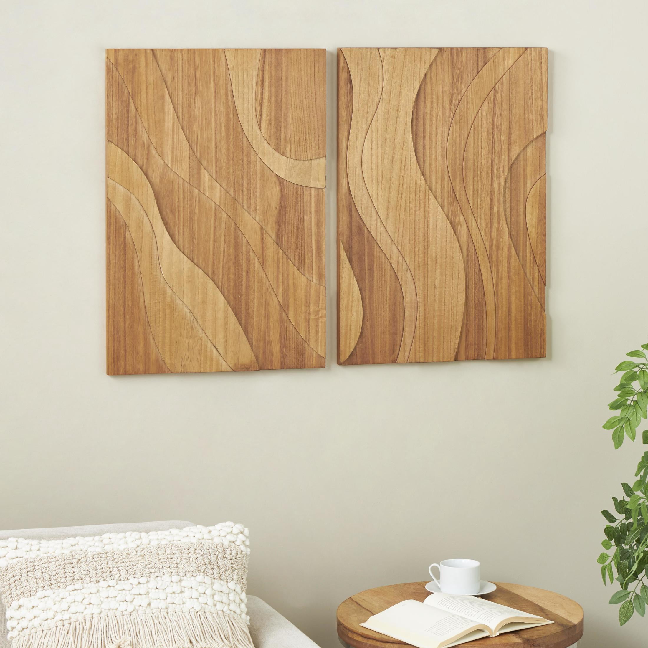 DecMode Brown Wooden Wavy Carved Abstract Wall Decor (2 Count)