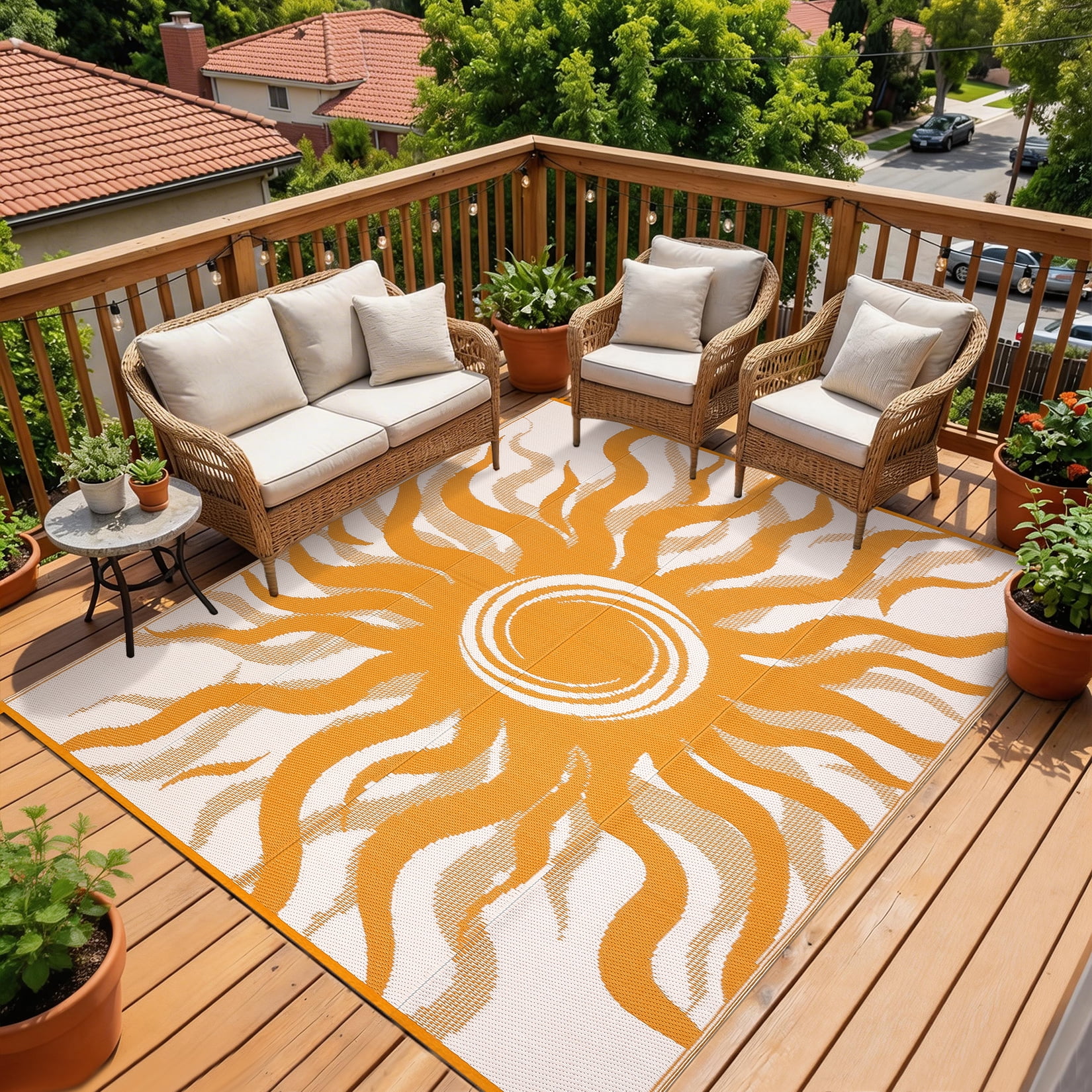 Garvee 9x12ft Outdoor Rug Waterproof Reversible Plastic Straw Rug, Modern Boho Sun Pattern Rug, Large RV Camping Mat Portable Outdoor Carpet for Patio, Balcony, Picnic, Beach, Deck, Orange