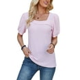 thumbnail image 2 of Fangasis Ladies T-shirt Puff Sleeves Summer Tops U Neck T Shirt Women Casual Tee Bohemian Work Blouse Shirts Pink L, 2 of 4
