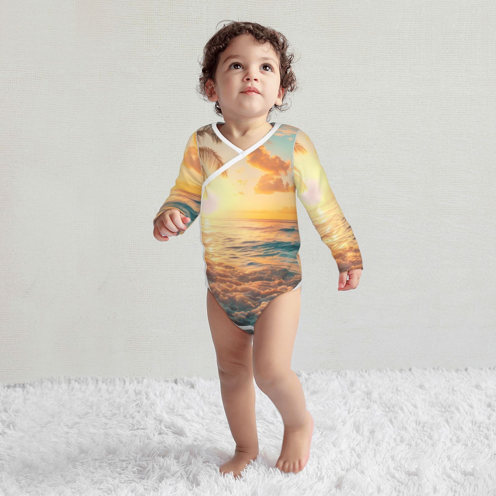 Xecao Tropical Sunset Beach Scene Print Baby unisex-baby Cotton Long-sleeve Bodysuits-12 Months