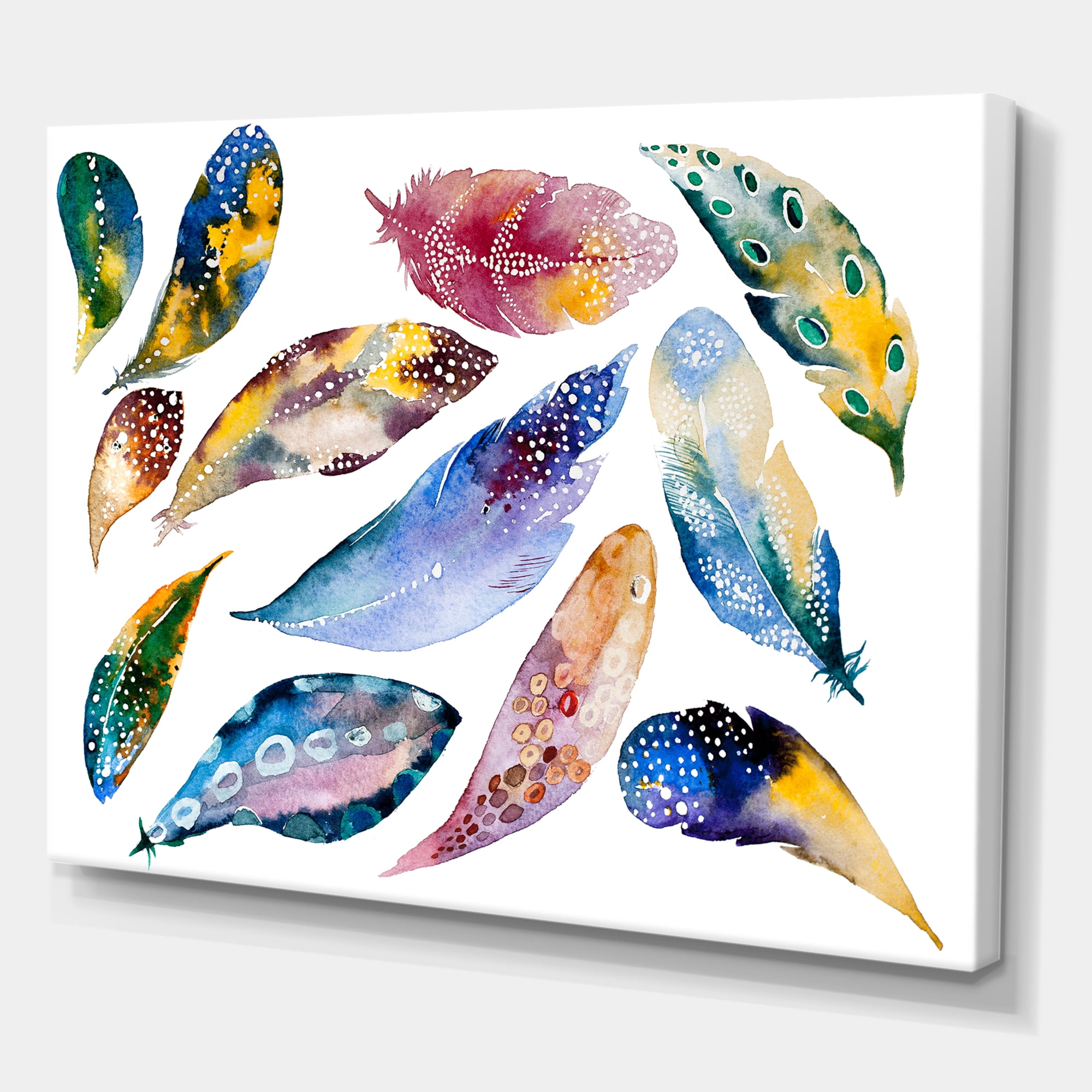 Designart ' Colourful Boho Feather Set On White VI ' Bohemian & Eclectic Canvas Wall Art Print