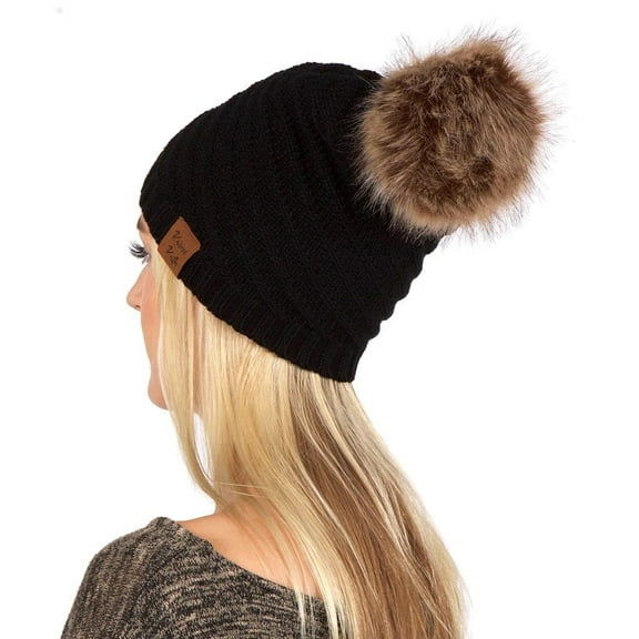 Karen Keith Beanie, Slouchy Warm Winter Hat, Knit with Pom-Pom on Top LTC Hats POM4 (Black A)