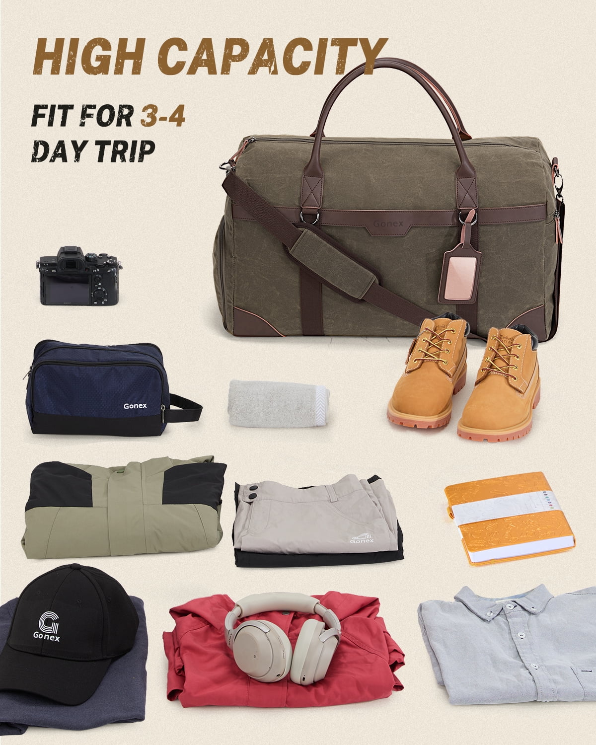 Gonex Waxed Canvas Duffle Bag, 55L Water-Resistant Travel Duffel, Vintage Overnight Weekender Bag with Shoes Compartment for Men & Women