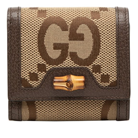 Pre-Owned Gucci Jumbo GG Bamboo Bi-fold Wallet 658635 Beige Brown Canvas Leather Women's GUCCI