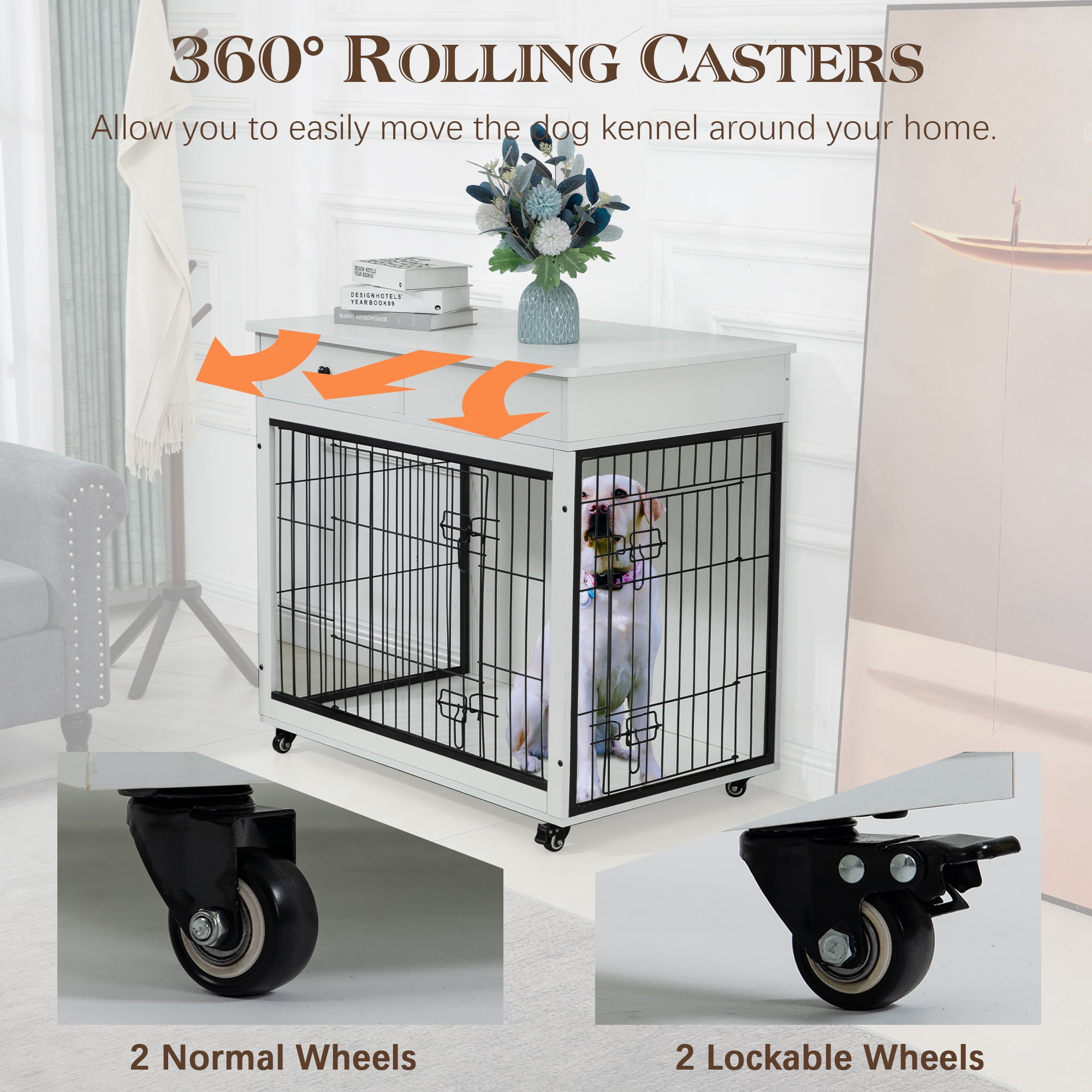 Pefilos 38" Wooden Dog Crate Furniture, Dog Kennel with Drawer, Indoor Dog House for Large Dog, Steel-Wire Dog Cage, Chew-Proof, White Pefilos 38" Wooden Dog Crate Furniture, Dog Kennel with Drawer, Indoor Dog House for Large Dog, Steel-Wire Dog Cage, Chew-Proof, White