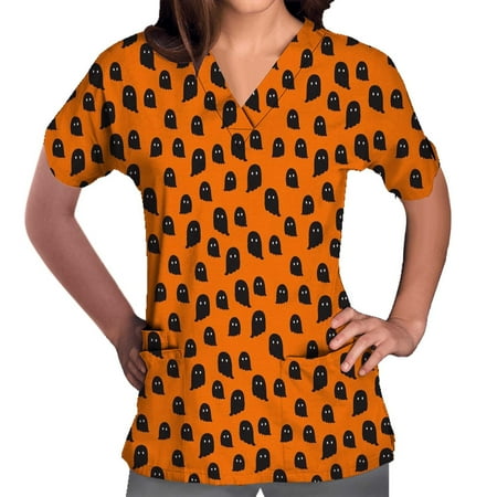 

Women s Scrubs Tops Pumpkin Cat Skull Print Short Sleeve V-neck Workwear Nurse Uniform Pockets