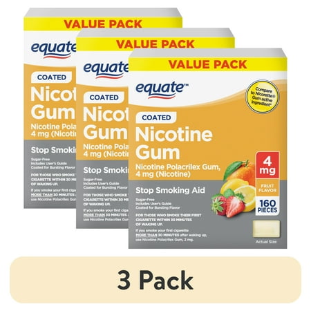 (3 pack) Equate Nicotine Gum 4 mg, Stop Smoking Aid, Fruit Flavor, 160 Count