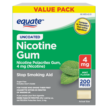 Equate Nicotine Uncoated Gum 4 mg, Stop Smoking Aid, Mint Flavor, 200 Ct
