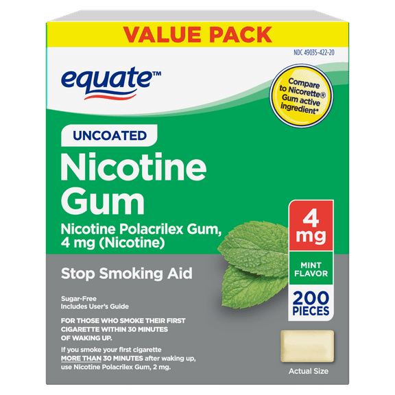 Equate Nicotine Uncoated Gum 4 mg, Stop Smoking Aid, Mint Flavor, 200 Ct