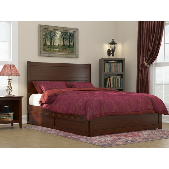 Twin Trundle Bed with Charging Station -Modern Platform Bed - Walnut Finish - 81.5" L x 40.38" W