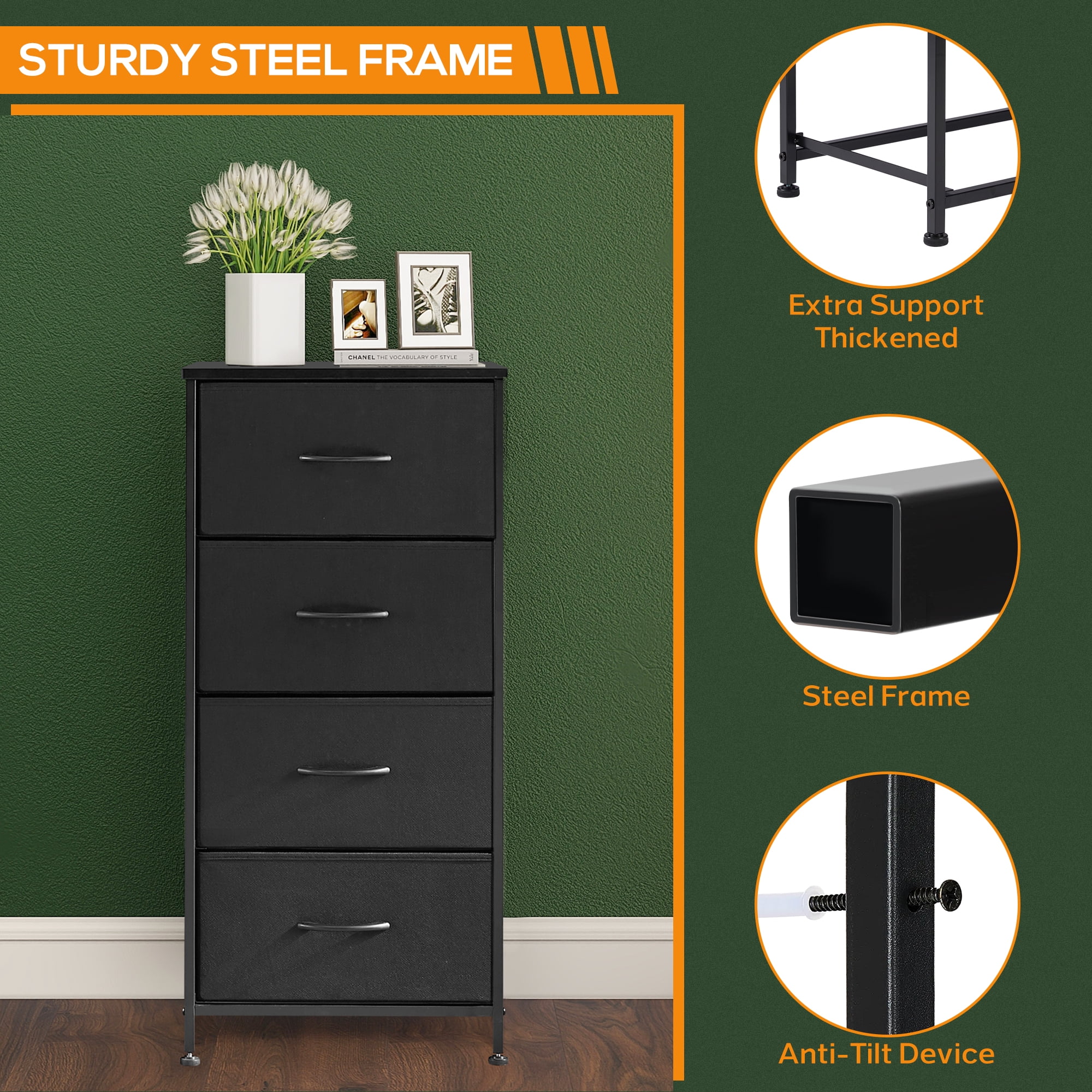 ACCVER Dresser for Bedroom 4 Storage Drawer, Fabric Closet Chests Organizer Tower with Wooden Top Metal Frame for Living Room Hallway Entryway
