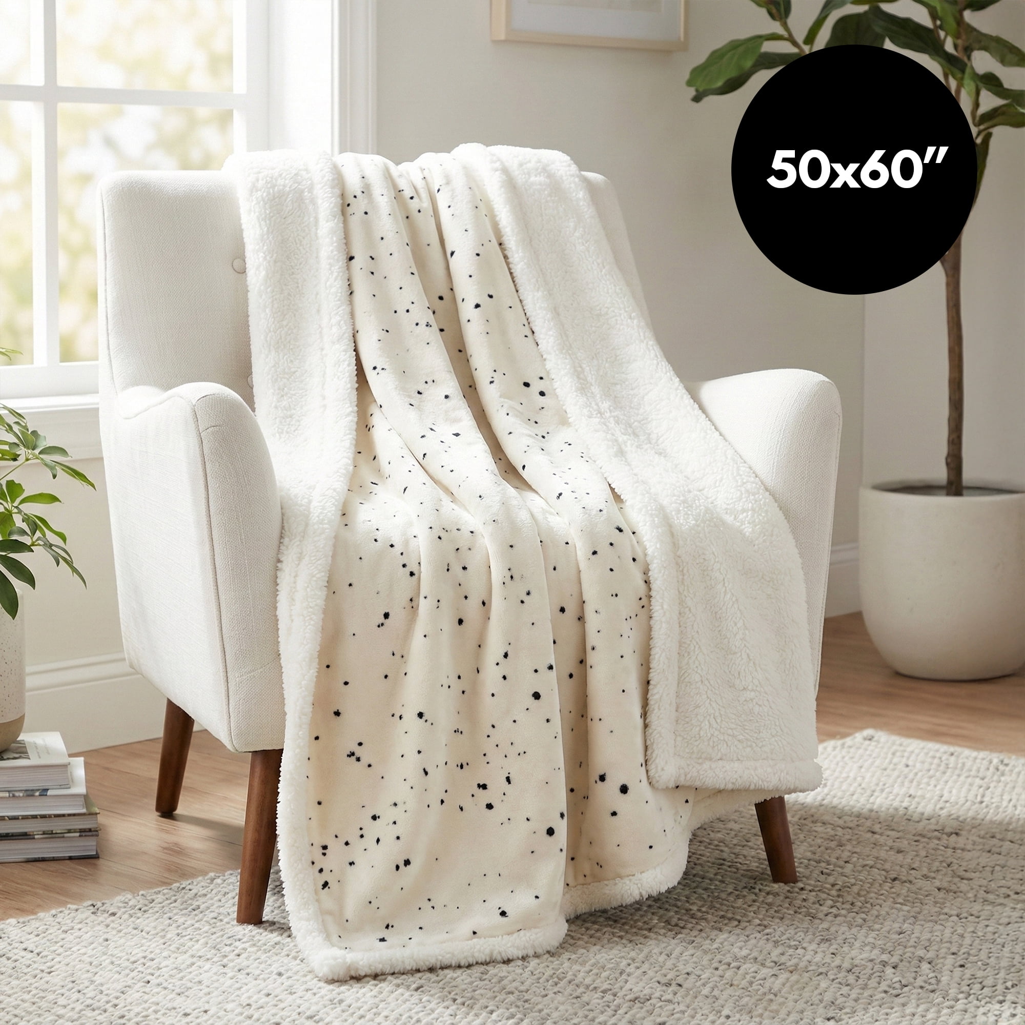 Americanflat 50x60 Printed Fleece and Reverse Sherpa Throw Blanket - Speckle Pattern - Reversible Design - Cozy Comfort for Couch or Bed - White