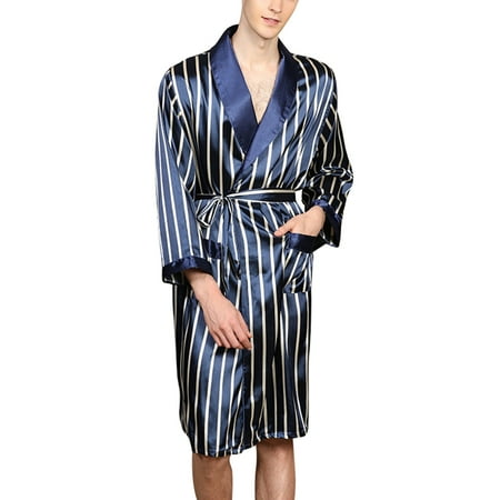 

Ochine Mens Classic Satin Robe Soft Silk Long Sleeve Striped Print House Kimono Bathrobe with Pockets Loose Fit Pajamas Nightgown Sleepwear for Wedding Party M-6XL Blue