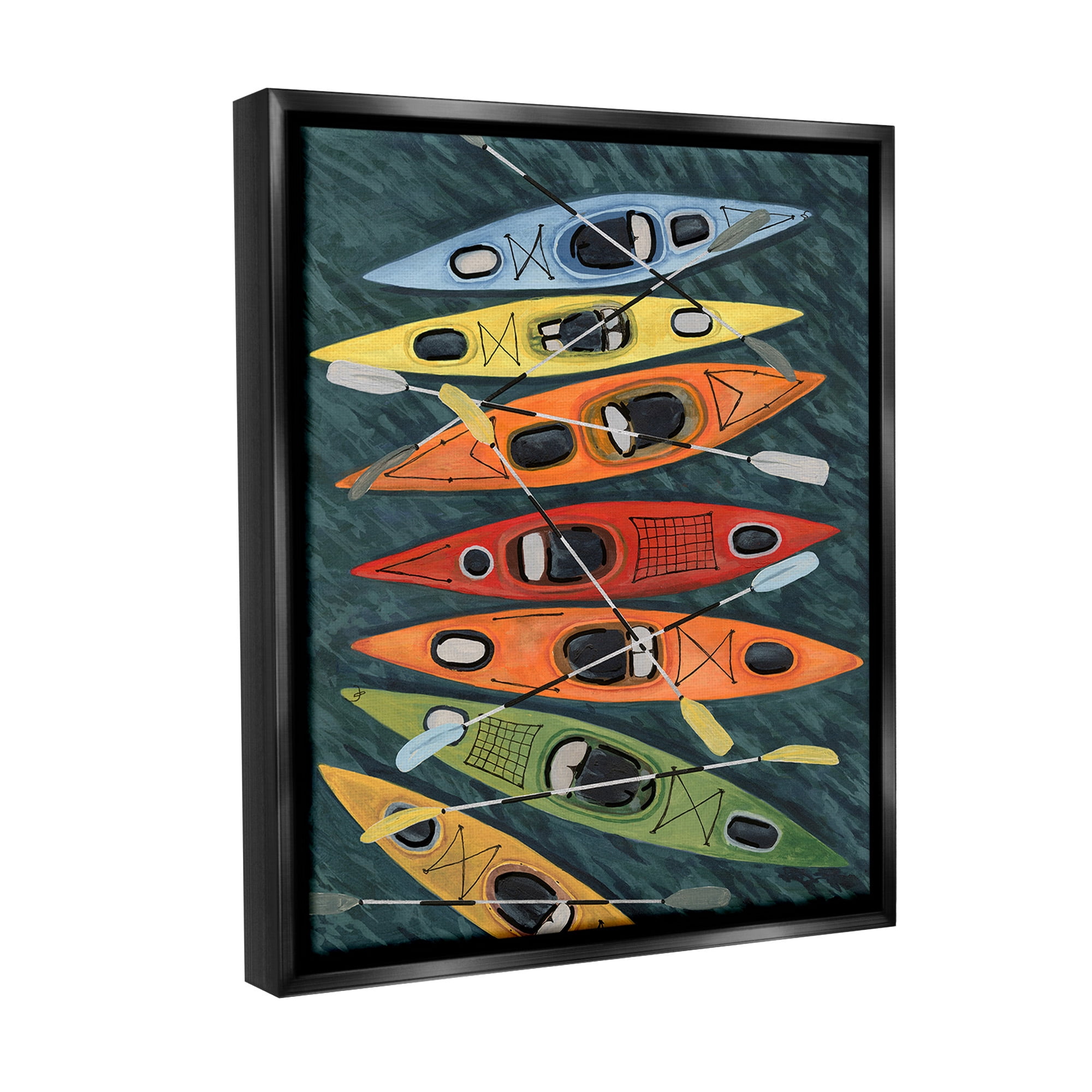 Stupell Industries Rainbow Hue Kayaks Transportation Painting Black Floater Framed Canvas Art Print Wall Art, 17 x 21