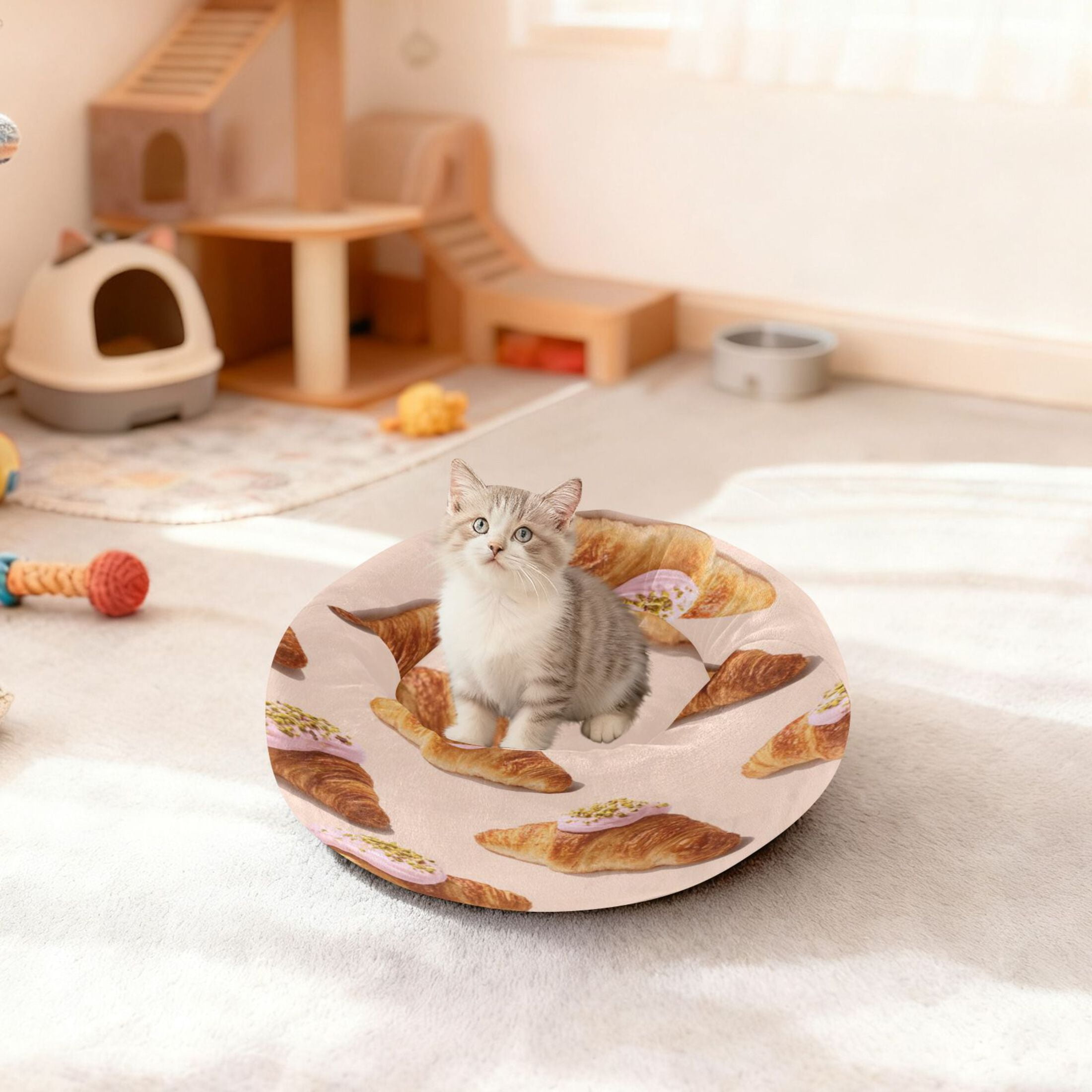 Iauyy Pet Couch Donut Cat Bed for Indoor Cats/Small Dogs Washable & Machine with Non-slip Bottom Calming Cat Furniture, Realistic Horn-shaped Bread (M)