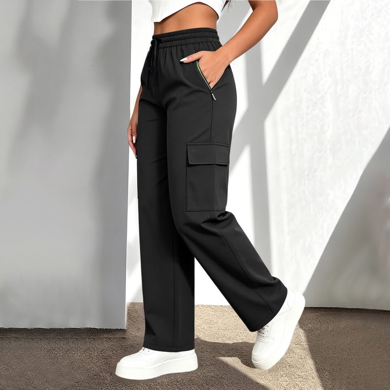 Women's Utility Work Pants, Solid Color Elastic Waist Straight Leg