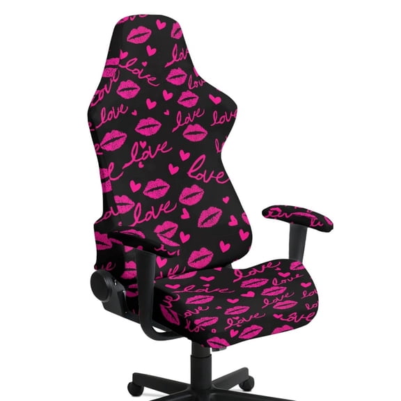 SCRAWLGOD Valentine's Day Decor Lip Heart Print Black 4 Pieces Gaming Chair Cover Stretchable Computer Chair Seat Slipcovers Universal Fit Gaming Chair Slipcovers with Armrest Covers