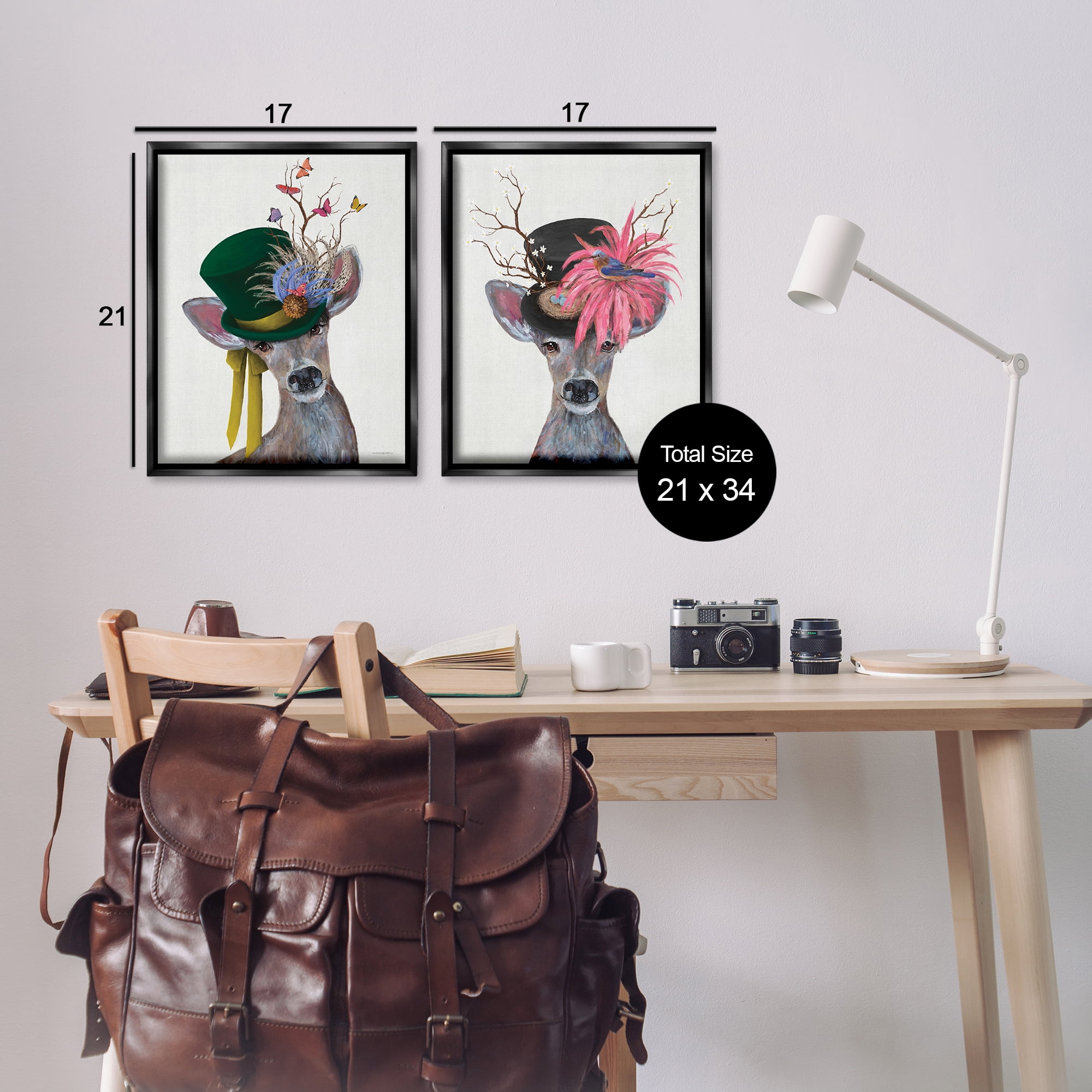 Stupell Industries Dapper Deer Floral Top Hat Animals Painting Black Floater Framed Canvas Art Print Wall Art, 17 x 21, Set of 2