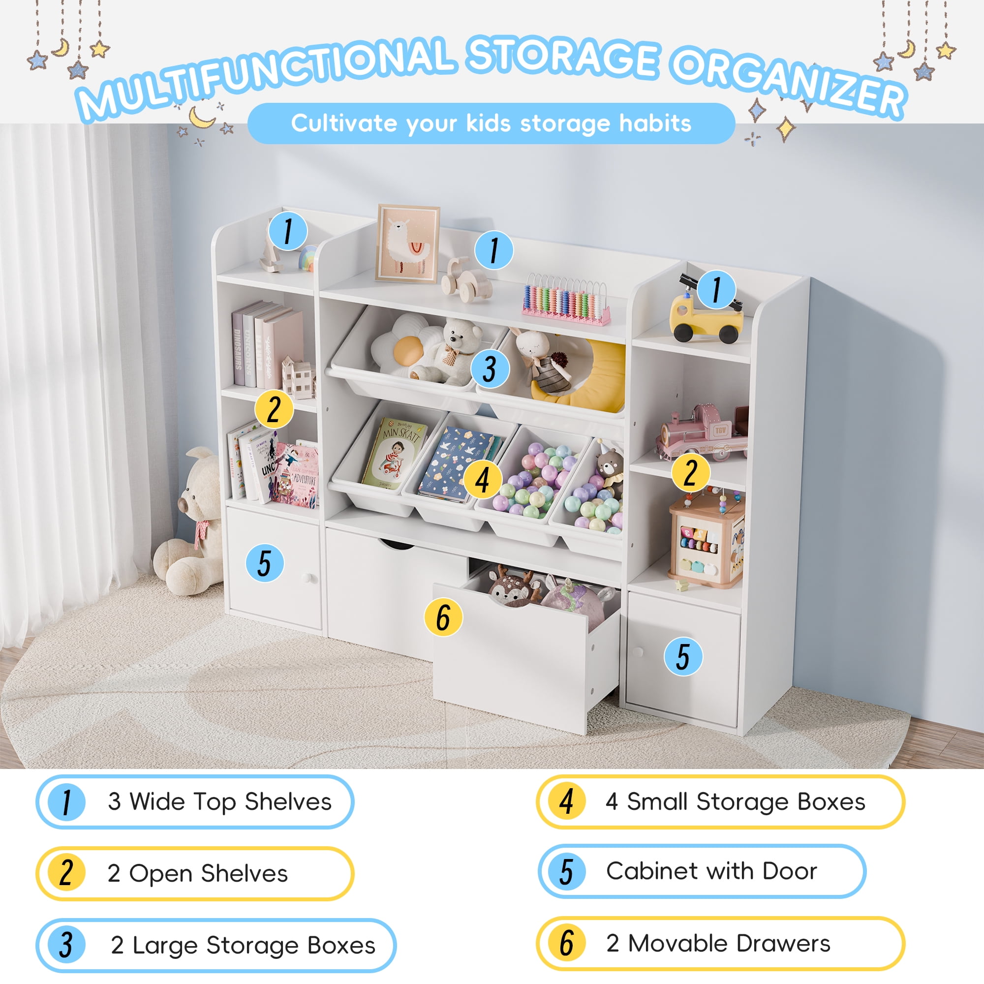 Reasea 6-Bin Toy Storage Organizer for Kids – 4-Tier Bookshelf with 6 Removable Cubbies & 2 Movable Drawers, Kids Toy Shelf for Playroom, Bedroom– White