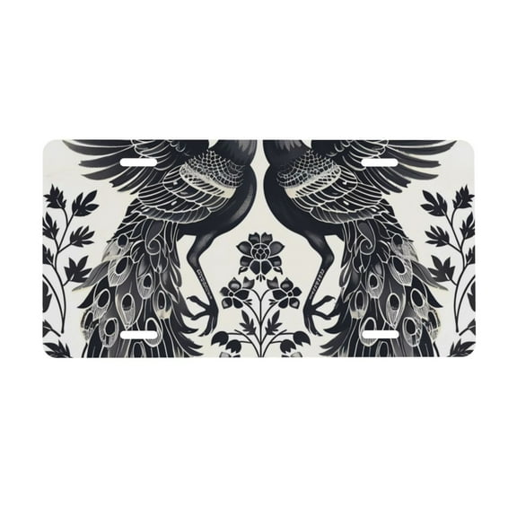 Zufioo Artistic Black White Peacocks Print Car Aluminum Front License Plate, 12x6 Inch Decorative Personalized Car License Plate Car Accessories