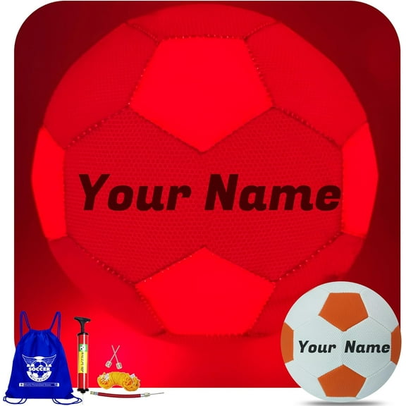 Customized Glow in The Dark Soccer Ball, Personalized Rechargeable Light up Indoor Outdoor Soccer Ball with Charging Cable, Pump and Carry Bag | Glowing Soccer Gift for Teens, Adults
